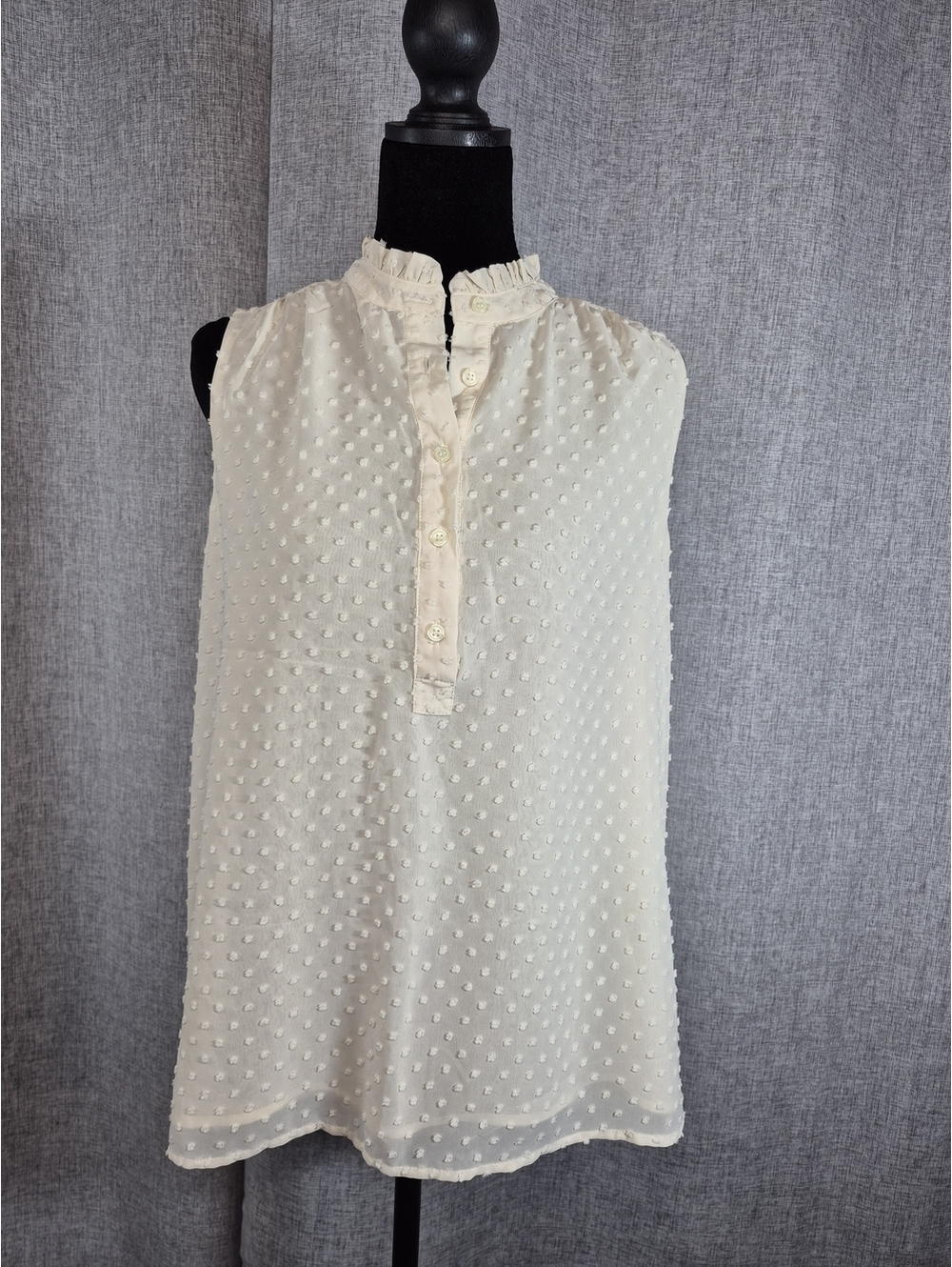 J.Crew Ivory Swiss Dot Sleeveless Blouse Size 10 Ruffle Mock Neck